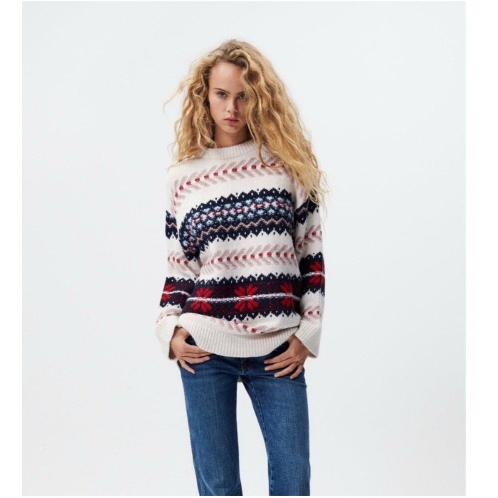 Zara Multicolor Patterned Crew Neck Sweater with Long Sleeves